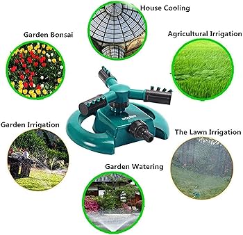 Arm 360⁰ Auto-Rotating Water Garden Sprinkler .Diameter can reach 50 feet. 6. Water-saving design: save water via adjusting the water density, more or less, and range to utilize  does not include pipe