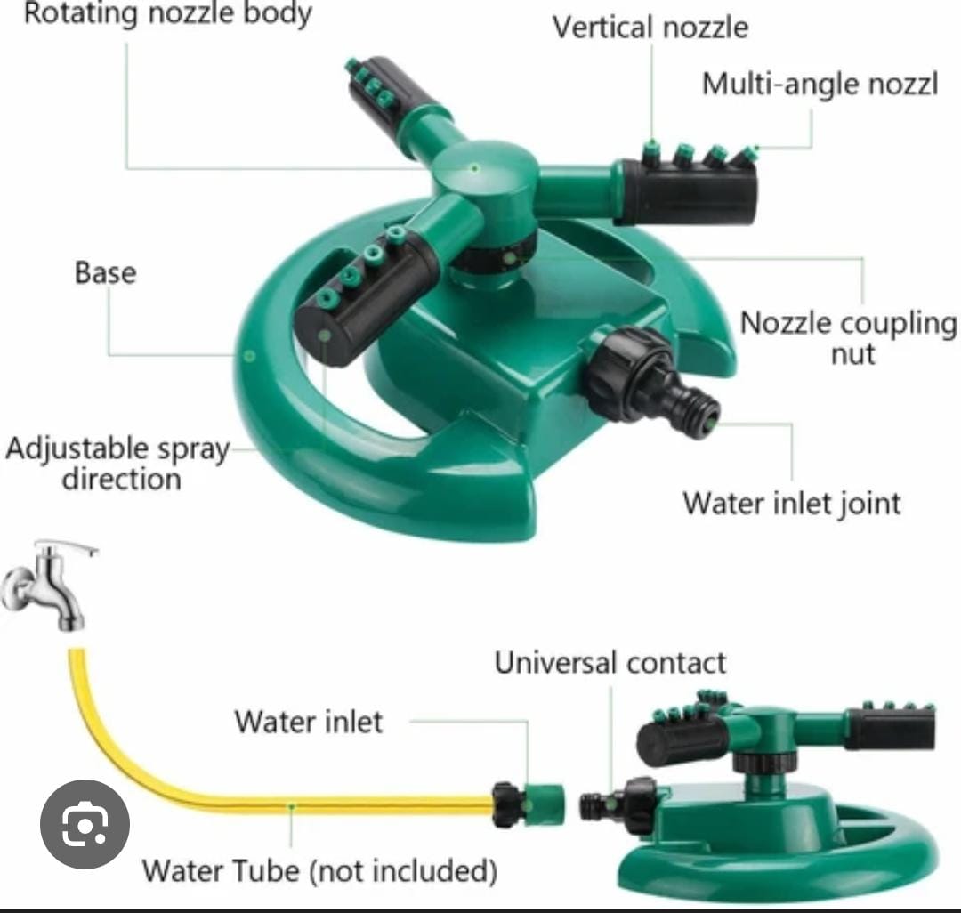 Arm 360⁰ Auto-Rotating Water Garden Sprinkler .Diameter can reach 50 feet. 6. Water-saving design: save water via adjusting the water density, more or less, and range to utilize  does not include pipe