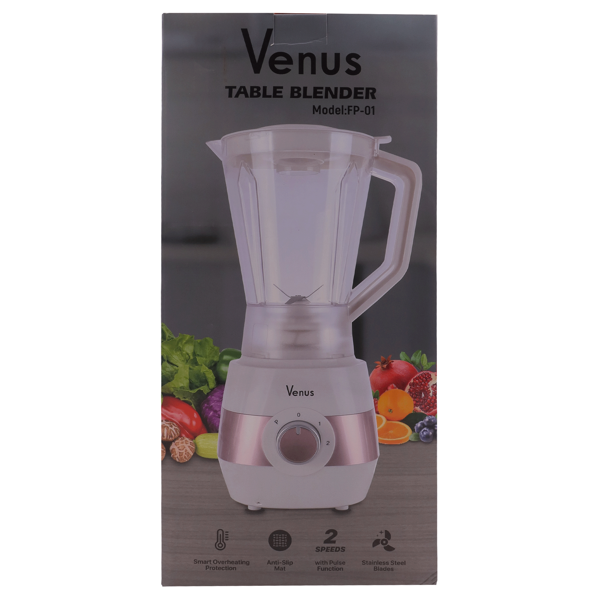 VENUS TABLE BLENDER 1.5L stainless steel blades, 800 watts, 2 speeds with pulse function. 100% copper motor.Smart overheating protection and anti-slip mat.