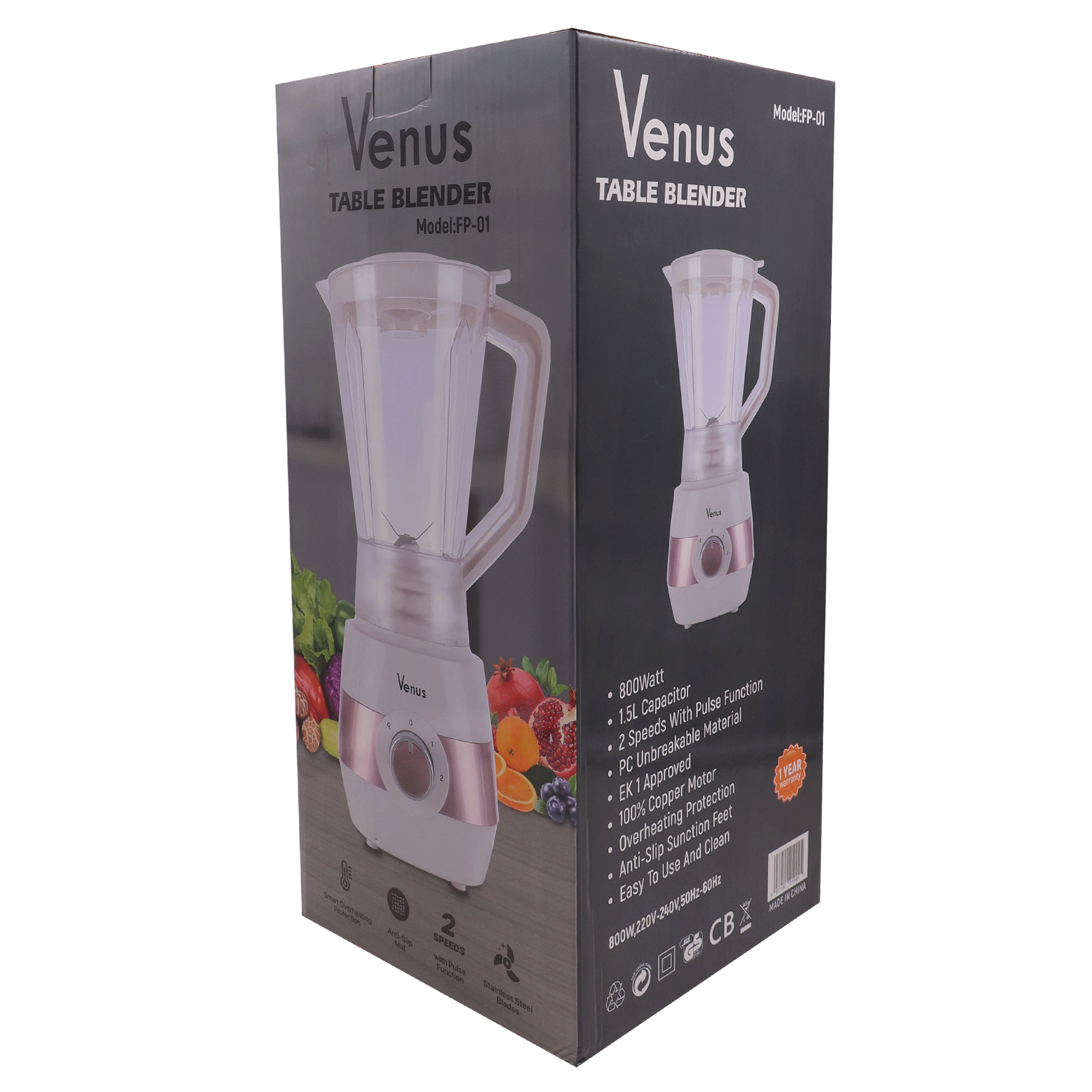VENUS TABLE BLENDER 1.5L stainless steel blades, 800 watts, 2 speeds with pulse function. 100% copper motor.Smart overheating protection and anti-slip mat.