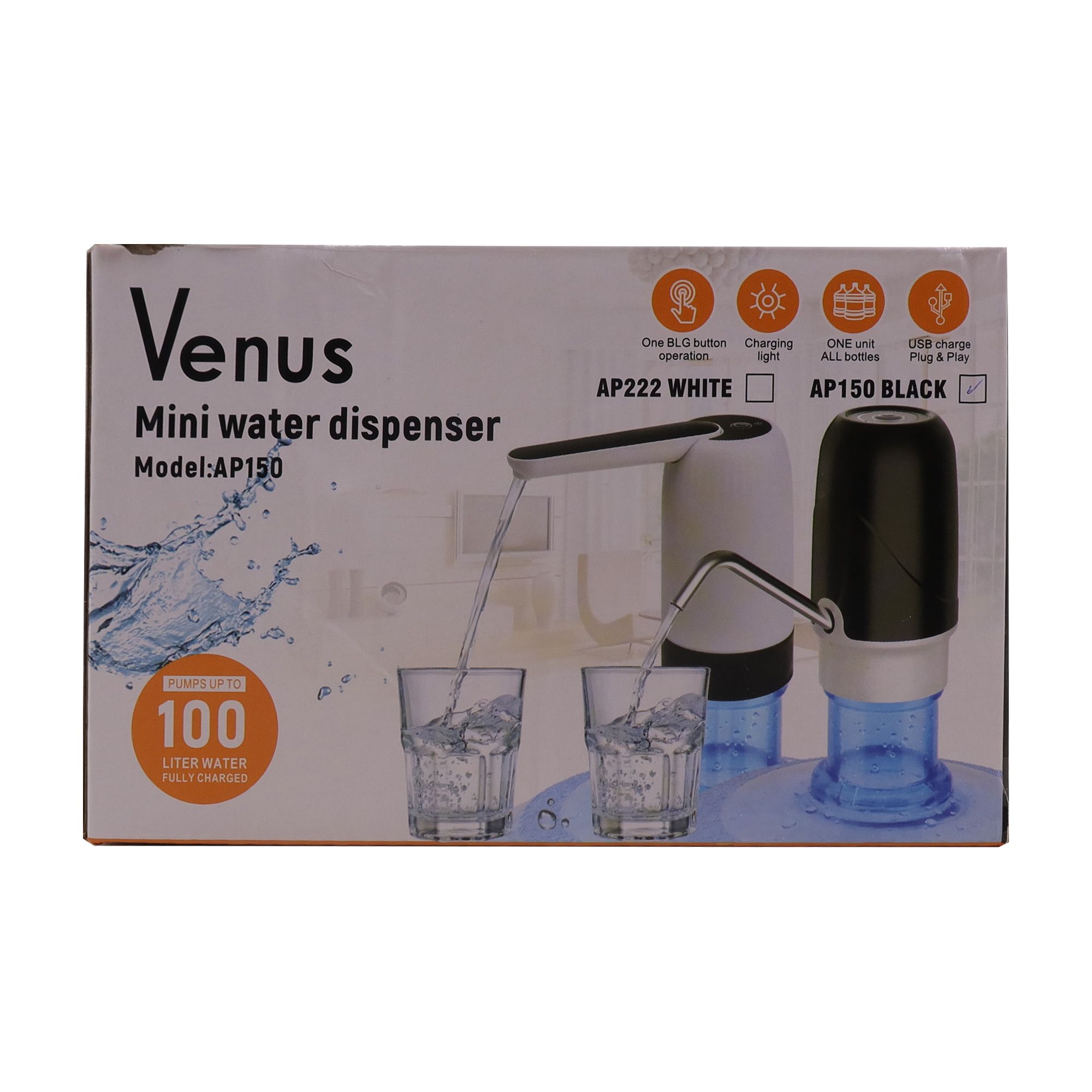 VENUS MINI WATER DISPENSER  AP150 One BLG button operation. USB charge plug & play. Charging light.