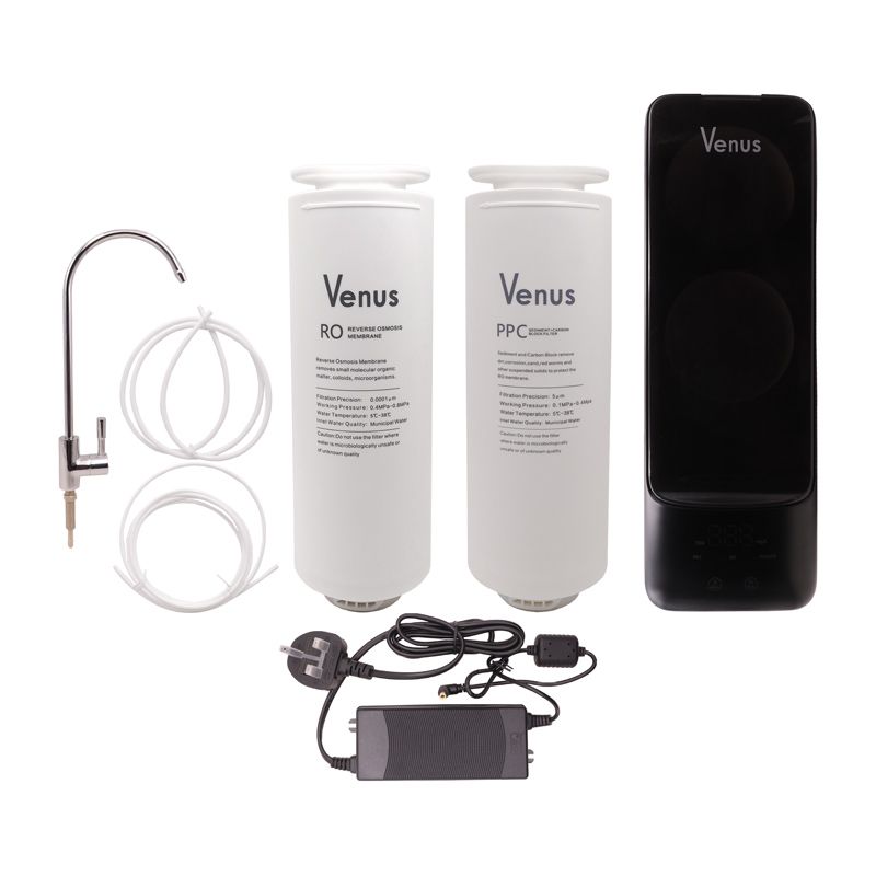 VENUS WATER PURIFIER BLACK.80 Watts. It is stored under sink to purifier flowing water coming out of the tap.