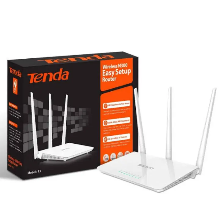 "Tenda F3 N300 300 Mbps Wireless WiFi Router with 3 High-Gain Antennas, 2.4GHz Band, Easy Setup, Secure WPA/WPA2 Encryption, Wide Coverage, and Bandwidth Control for Home and Office Use"