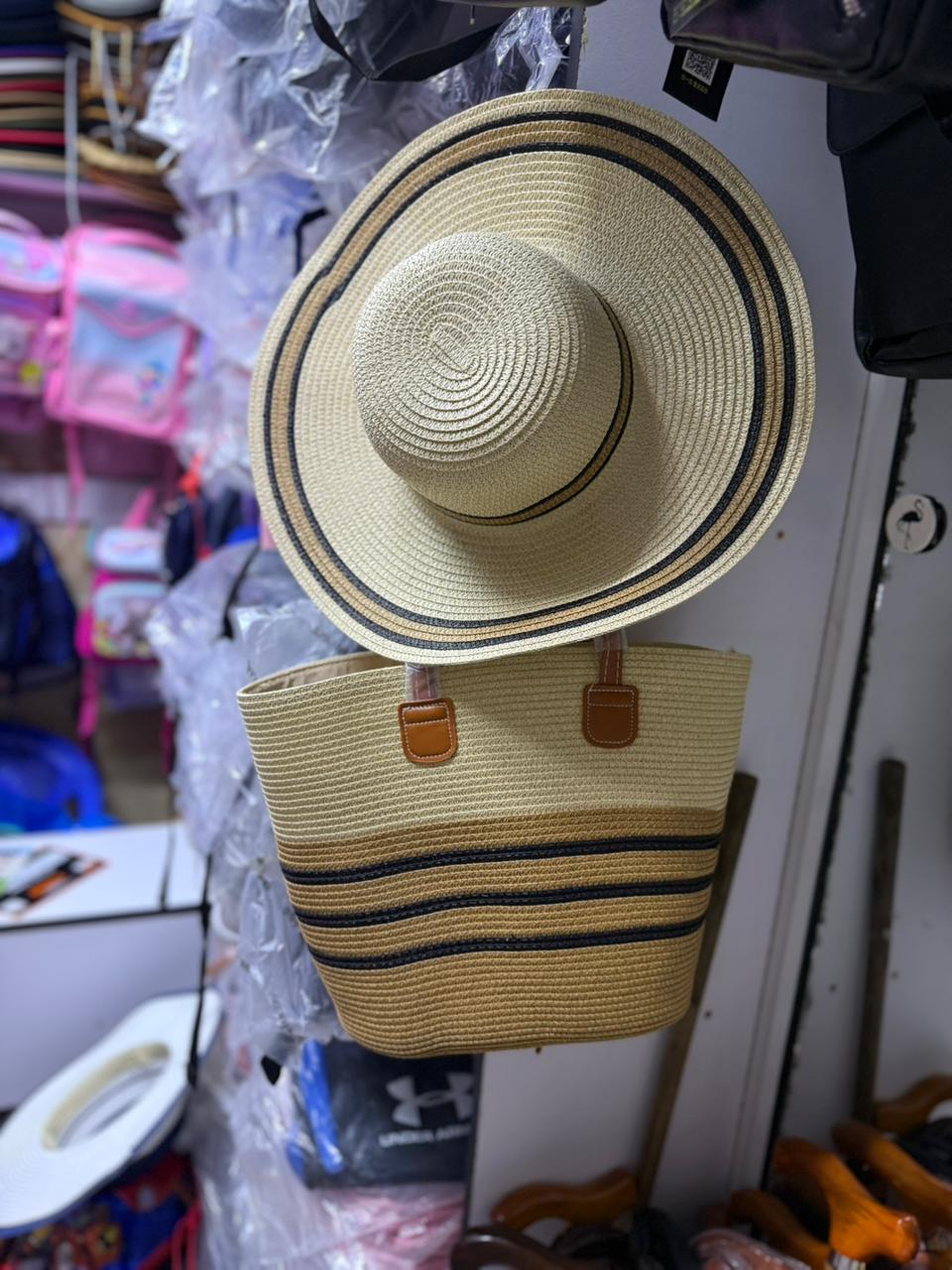 Striped Design Straw Tote Bag with Matching Hat – Large Capacity Beach & Shopping Handbag for Women