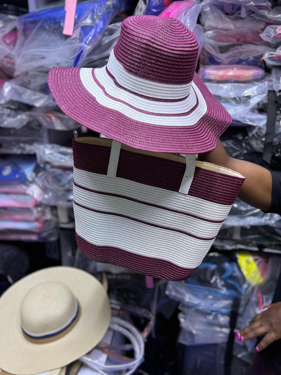 Striped Design Straw Tote Bag with Matching Hat – Large Capacity Beach & Shopping Handbag for Women