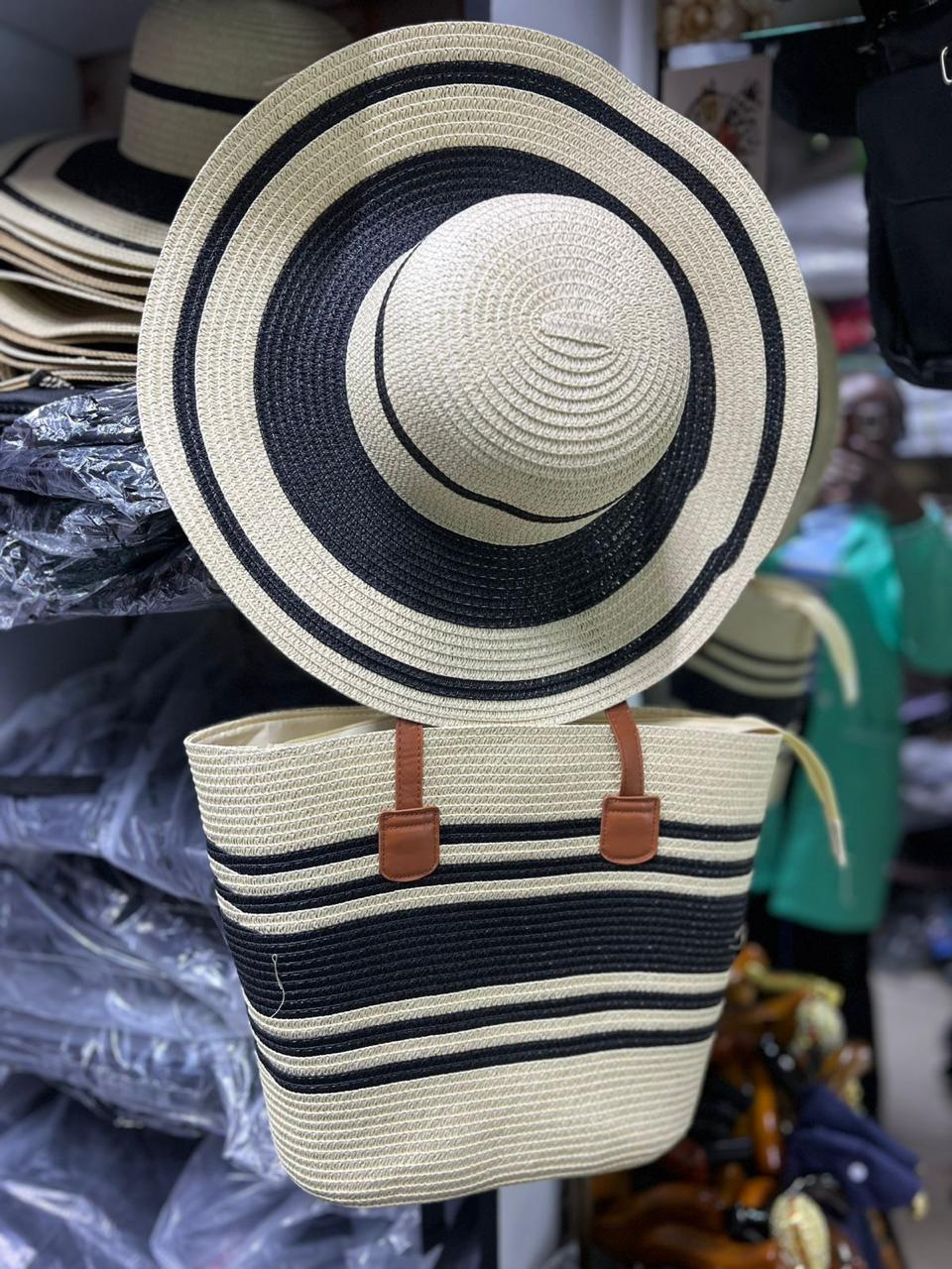 Striped Design Straw Tote Bag with Matching Hat – Large Capacity Beach & Shopping Handbag for Women