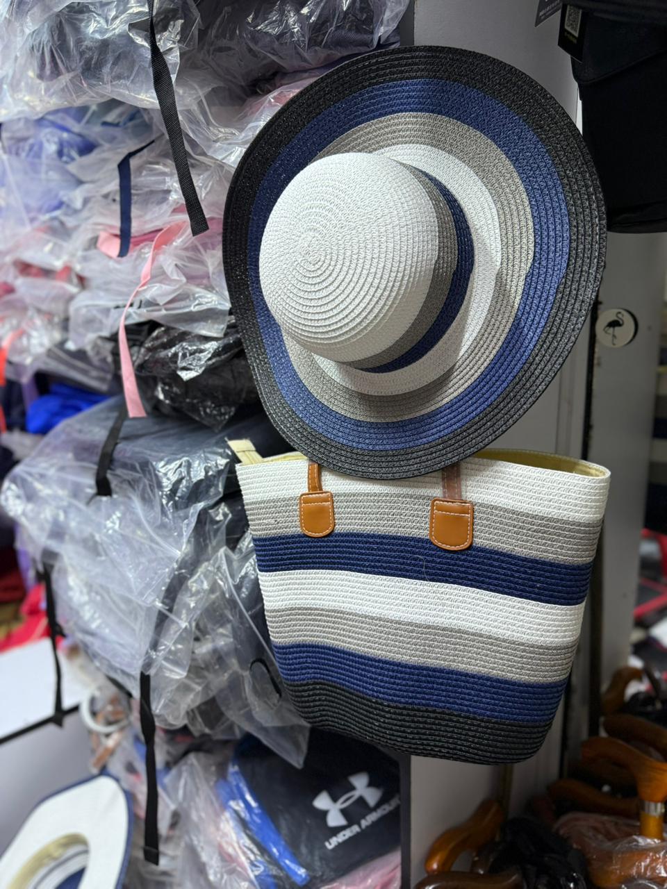 Striped Design Straw Tote Bag with Matching Hat – Large Capacity Beach & Shopping Handbag for Women