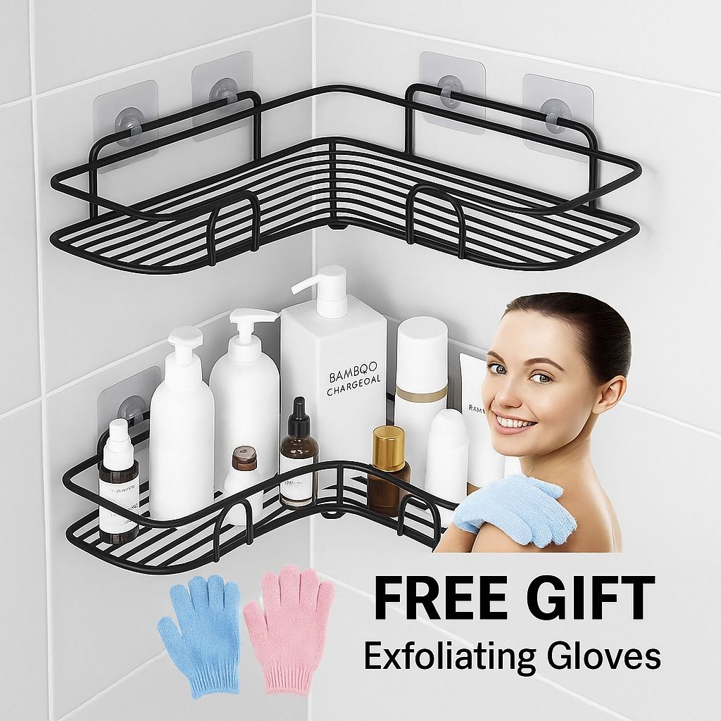 Bathroom Shelf Shower Shelves Corner shelves Shampoo Storage Rack Kitchen Storage Holder Punch-Free Wall Mounted Organizer Bathroom Accessories + Free Gift (1 Pair Exfoliating Gloves)