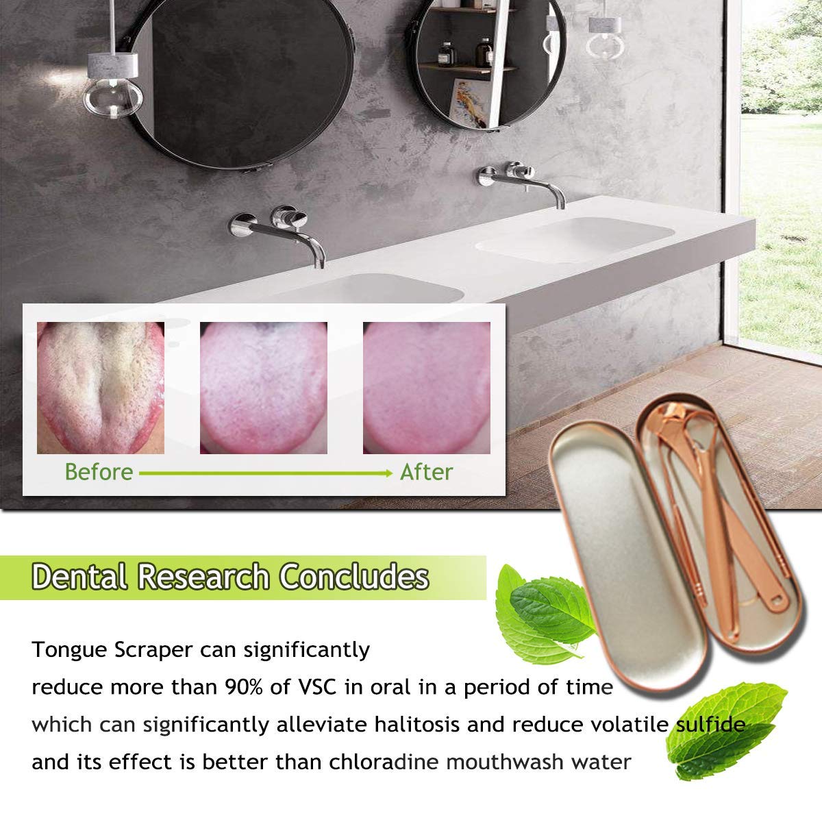 Tongue Scraper Tongue Cleaner for Adults - Professional Tongue Cleaning Tool to Reduce Bad Breath, Stainless Steel Tongue Scrapers (Rose Gold)