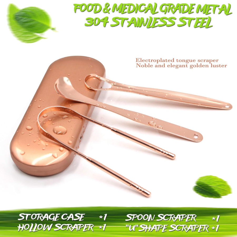 Tongue Scraper Tongue Cleaner for Adults - Professional Tongue Cleaning Tool to Reduce Bad Breath, Stainless Steel Tongue Scrapers (Rose Gold)