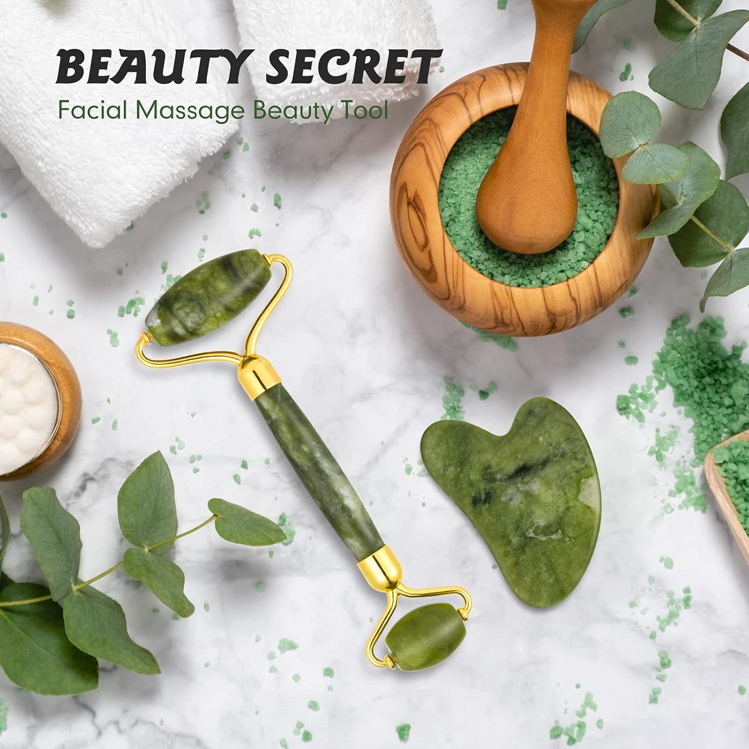 2pcs/set Jade Roller & Gua Sha Set, Face Roller,  Anti-Aging Facial Roller, Natural Green Jade Beauty Massager Tool, Skin Care Tool for Face, Neck, Eye to Reduce Wrinkles and Relax Body Muscles
﻿