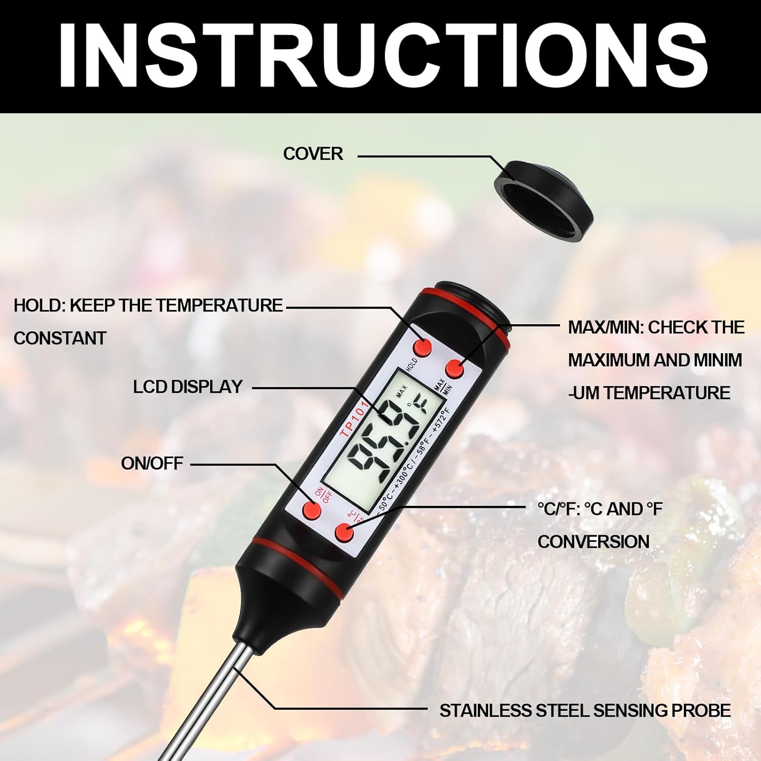 Digital Meat Thermometer for Cooking Liquid Deep Frying Oil Candy, Kitchen Food Instant Read Thermometer with Super Long Probe, Backlit, Lock Function