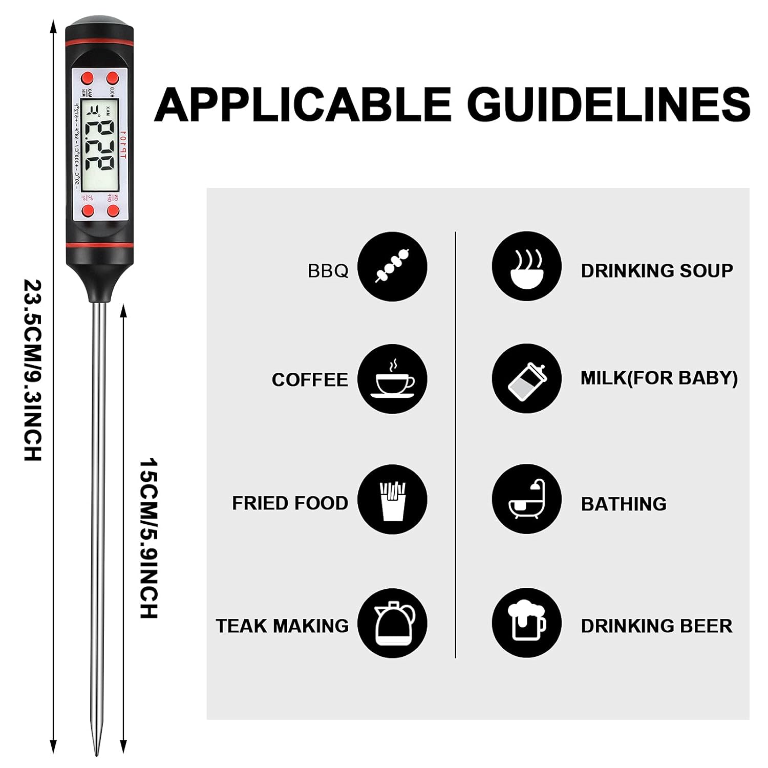 Digital Meat Thermometer for Cooking Liquid Deep Frying Oil Candy, Kitchen Food Instant Read Thermometer with Super Long Probe, Backlit, Lock Function