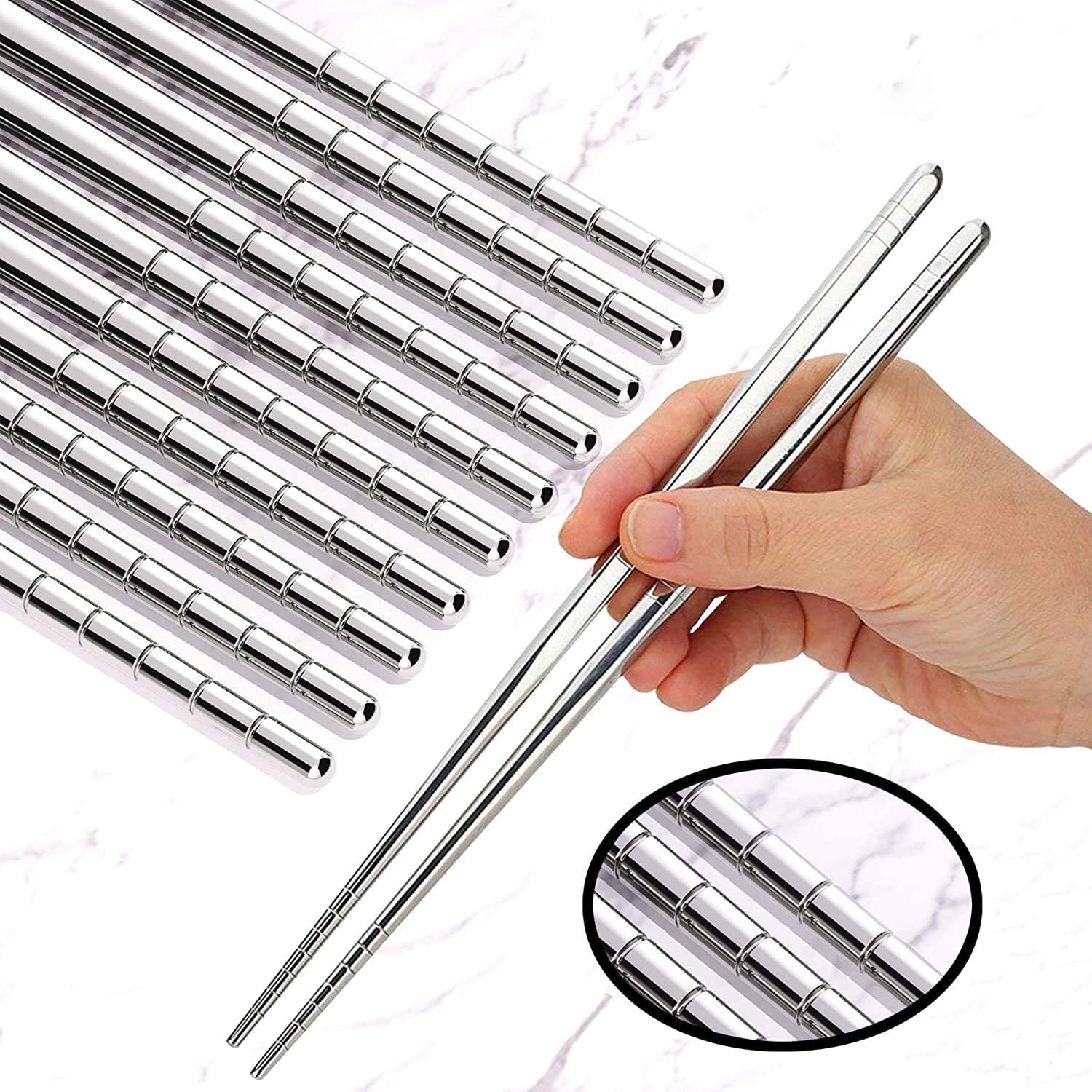 Metal Chopsticks 5 Pairs 23cm Premium Reusable Stainless Steel Chopsticks Korean Chopsticks Square Lightweight Non-Slip Chop Sticks Dishwasher Safe Use for Home Kitchen Hotel Restaurant
