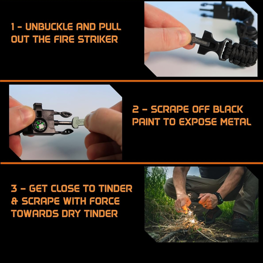 Paracord Bracelet - Adjustable - Fire Starter - Loud Whistle - Perfect for Hiking, Camping, Fishing and Hunting