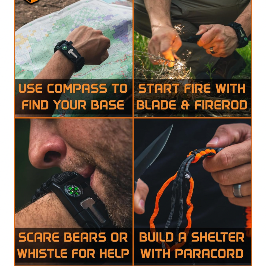 Paracord Bracelet - Adjustable - Fire Starter - Loud Whistle - Perfect for Hiking, Camping, Fishing and Hunting