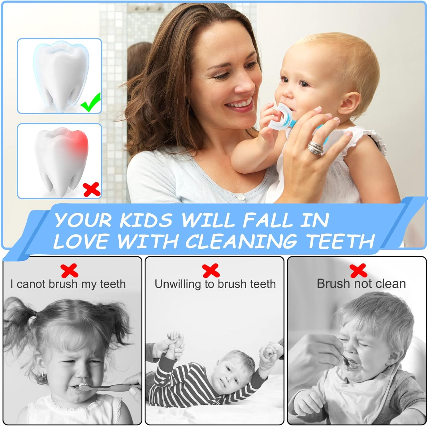 U Shaped Toothbrush Kids, Kids Toothbrushes Soft Silicone Brush Head Whole Mouth Toothbrush with Handle 360 ° Oral Teeth Cleaning Design