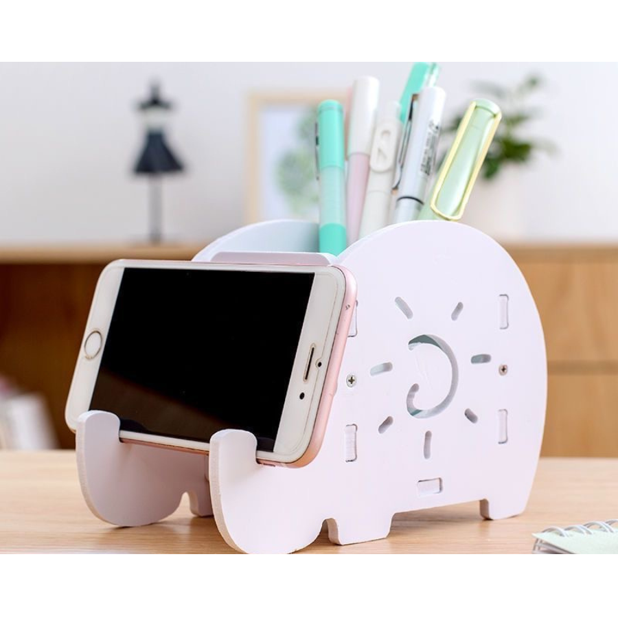 Pencil Holder Cell Phone Stand, Cute Elephant Office Accessories Tablet Desk Bracket Compatible, Desk Decoration Multifunctional Stationery Box