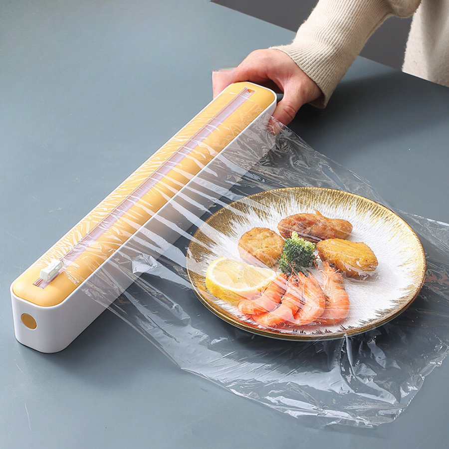 Plastic Wrap Cutter, Food Freshness Dispenser Preservative Film Unwinding Cutting Foil Wax Paper Cling Wrap Kitchen Accessories Easy to Use Just Pull Press Cut and Wrap