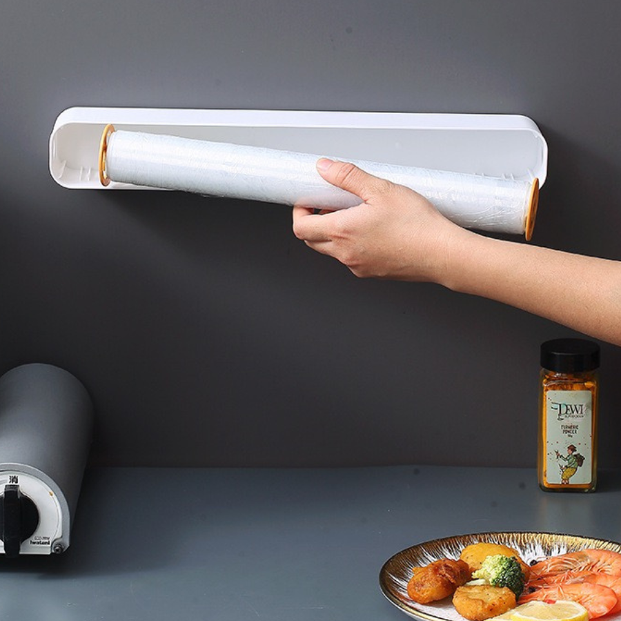 Plastic Wrap Cutter, Food Freshness Dispenser Preservative Film Unwinding Cutting Foil Wax Paper Cling Wrap Kitchen Accessories Easy to Use Just Pull Press Cut and Wrap