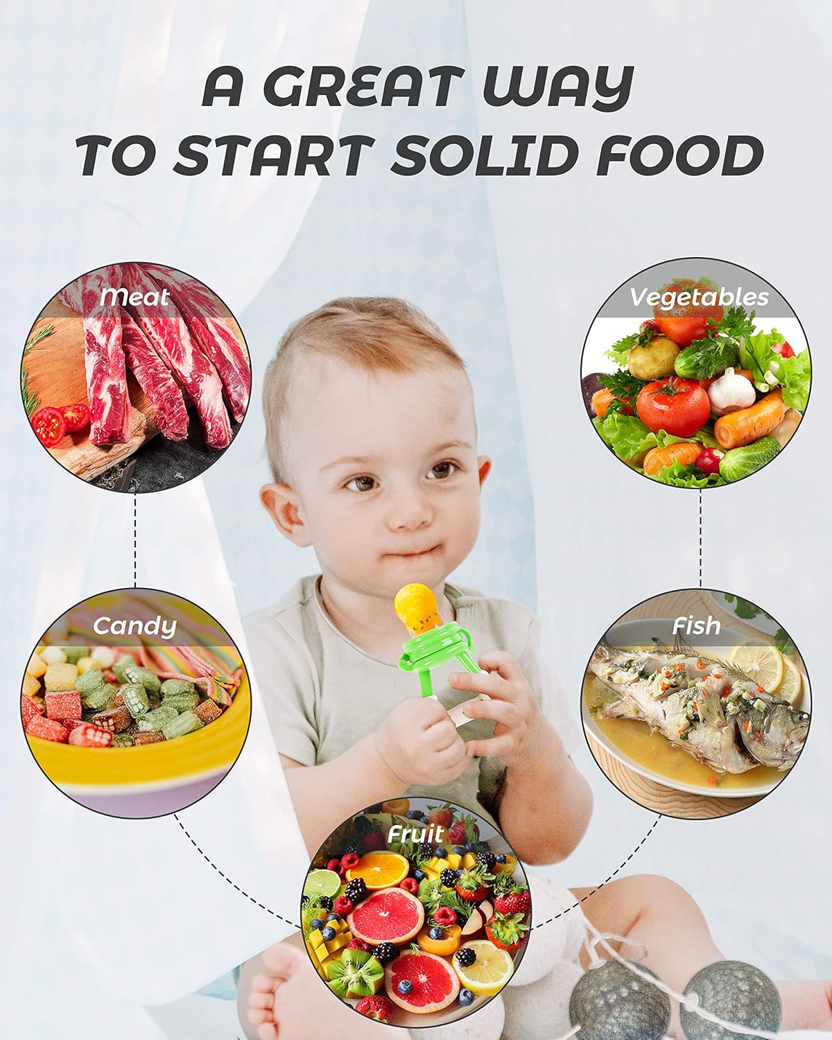 Baby Fruit Food Feeder,Teething Pacifier, Baby Fruit Pacifier Feeder, Soft Silicone Pouches, Training Massaging Toy Teether