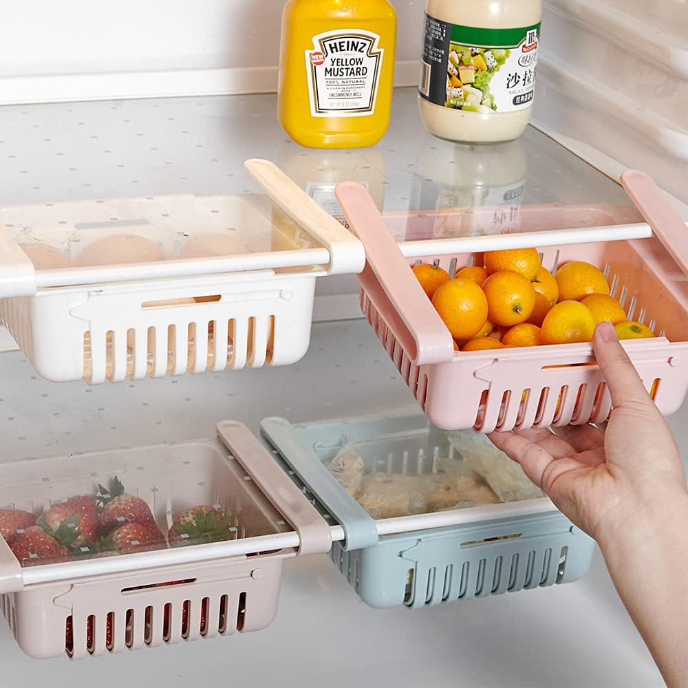 Fridge Drawer Organizer Refrigerator Drawers For Shelves - Adjustable Kitchen Organizer With Pull Out Storage Rack Box - Sliding Partition Fridge Hanging Organizer