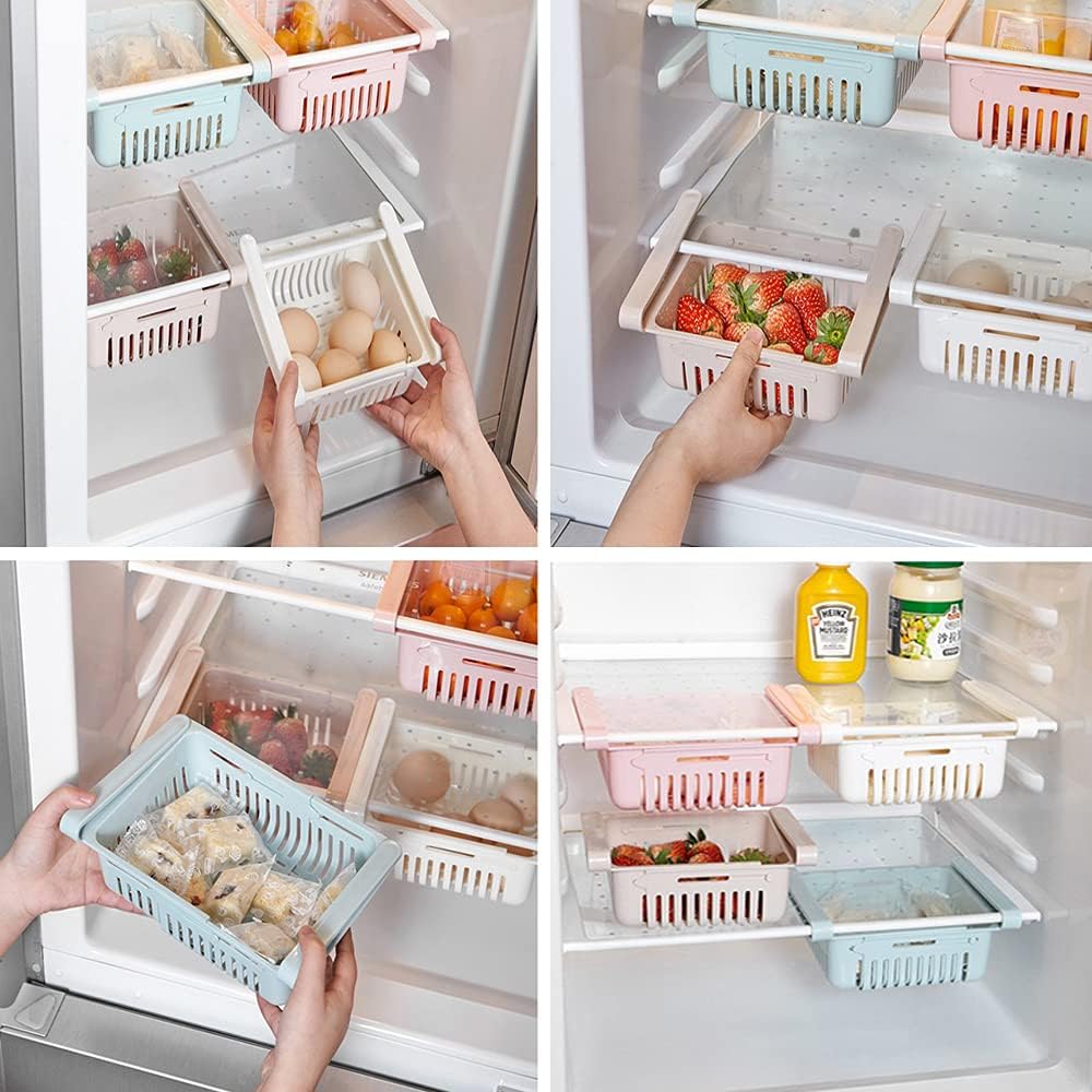 Fridge Drawer Organizer Refrigerator Drawers For Shelves - Adjustable Kitchen Organizer With Pull Out Storage Rack Box - Sliding Partition Fridge Hanging Organizer