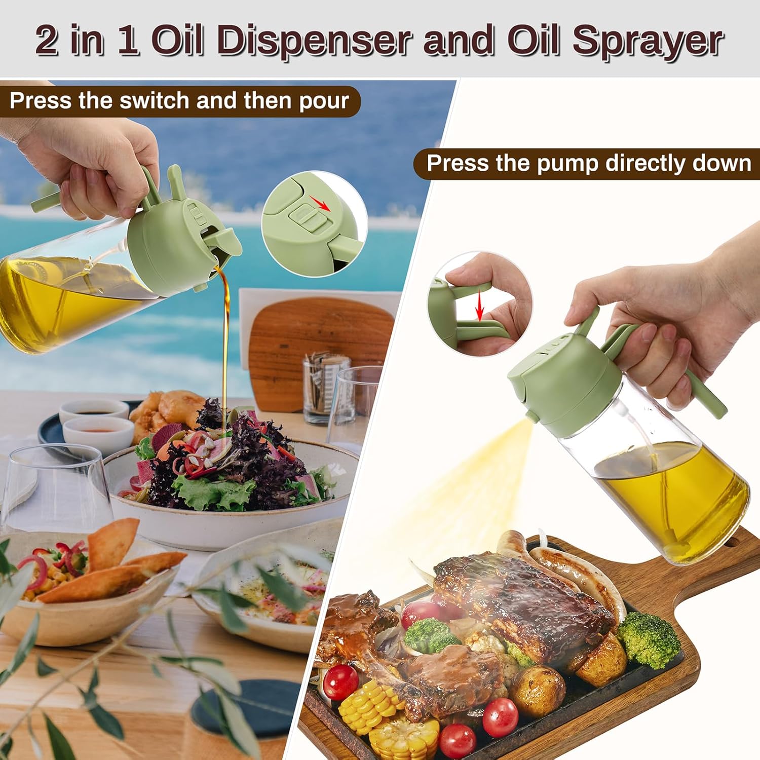 450ML / 600ML Olive Oil Dispenser Bottle for Kitchen, 2 in 1 Oil Dispenser and Oil Sprayer for Cooking, Oil and Vinegar Dispenser for Air Fryer BBQ Salad Baking Roasting