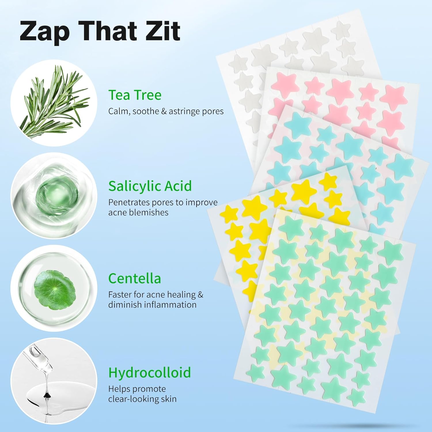 Pimple Patches for Face, Hydrocolloid Acne Patches, Cute Star Zit Covers, Colorful Spot Stickers with Tea Tree, Salicylic Acid & Cica Oil