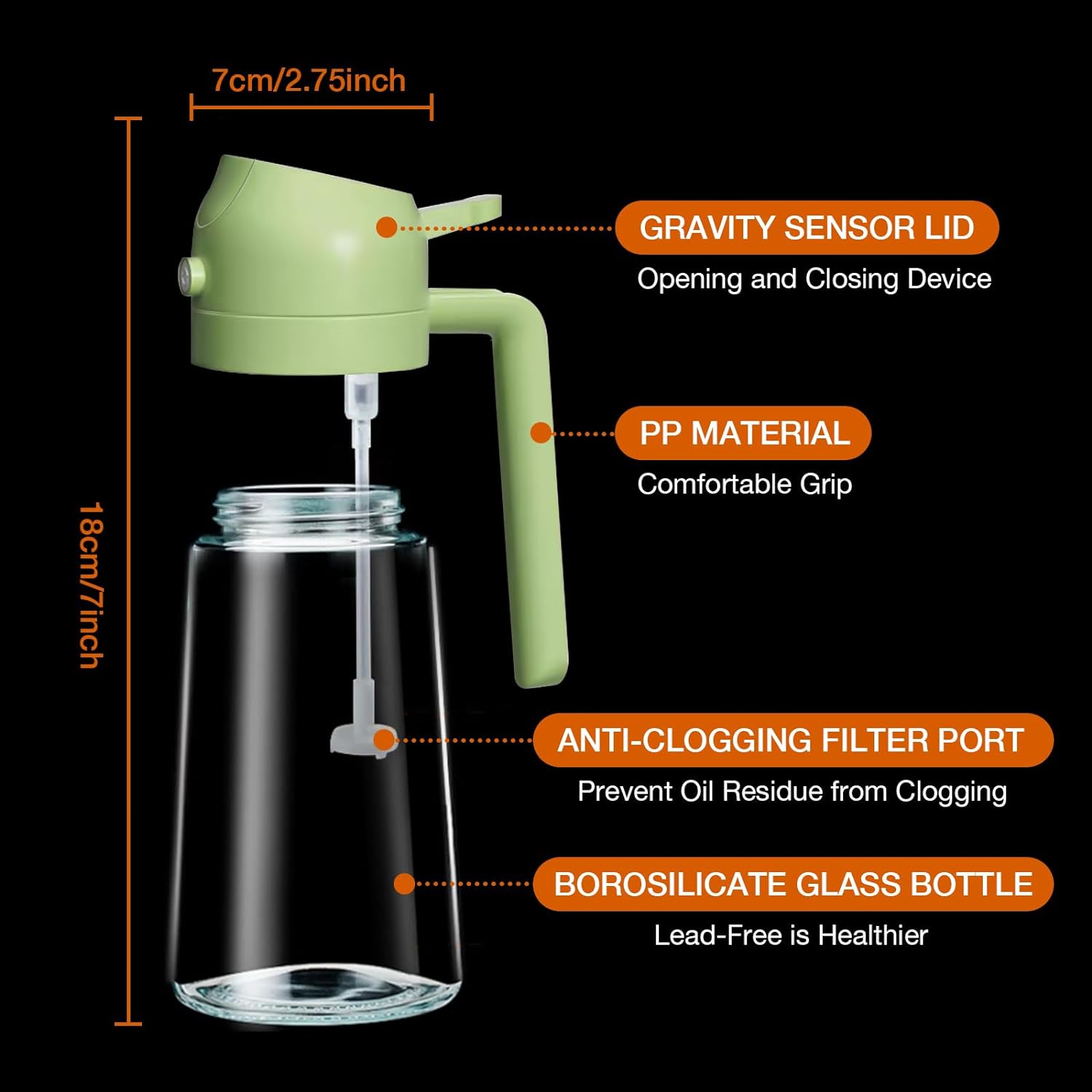 Olive Oil Dispenser Bottle for Kitchen，2 in 1 Oil Sprayer for Cooking, 16oz/450ml Glass Oil Spray Bottle with Pourer, Food-grade Oil Mister for Air Fryer, Salad, Frying, BBQ (Green)