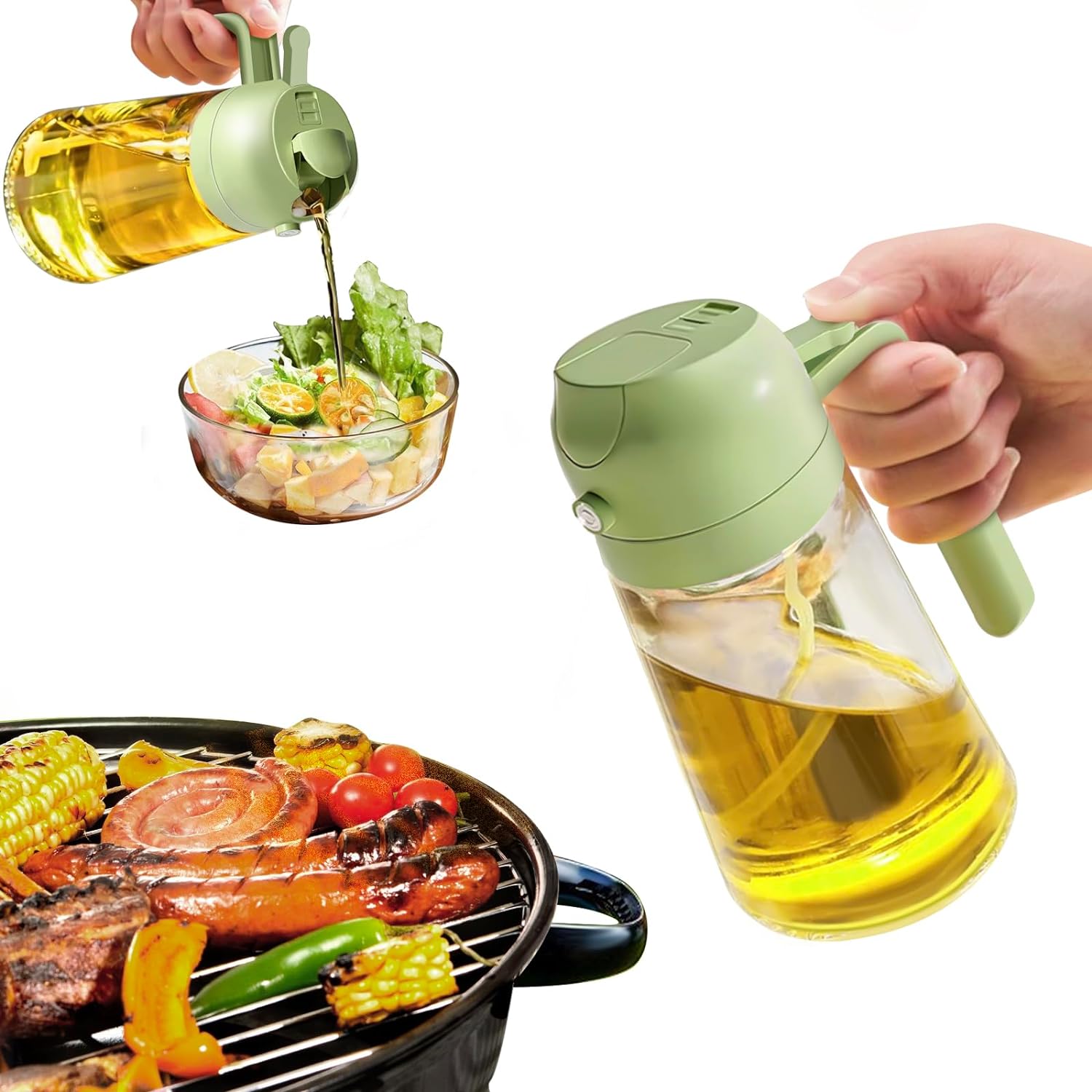 Olive Oil Dispenser Bottle for Kitchen，2 in 1 Oil Sprayer for Cooking, 16oz/450ml Glass Oil Spray Bottle with Pourer, Food-grade Oil Mister for Air Fryer, Salad, Frying, BBQ (Green)