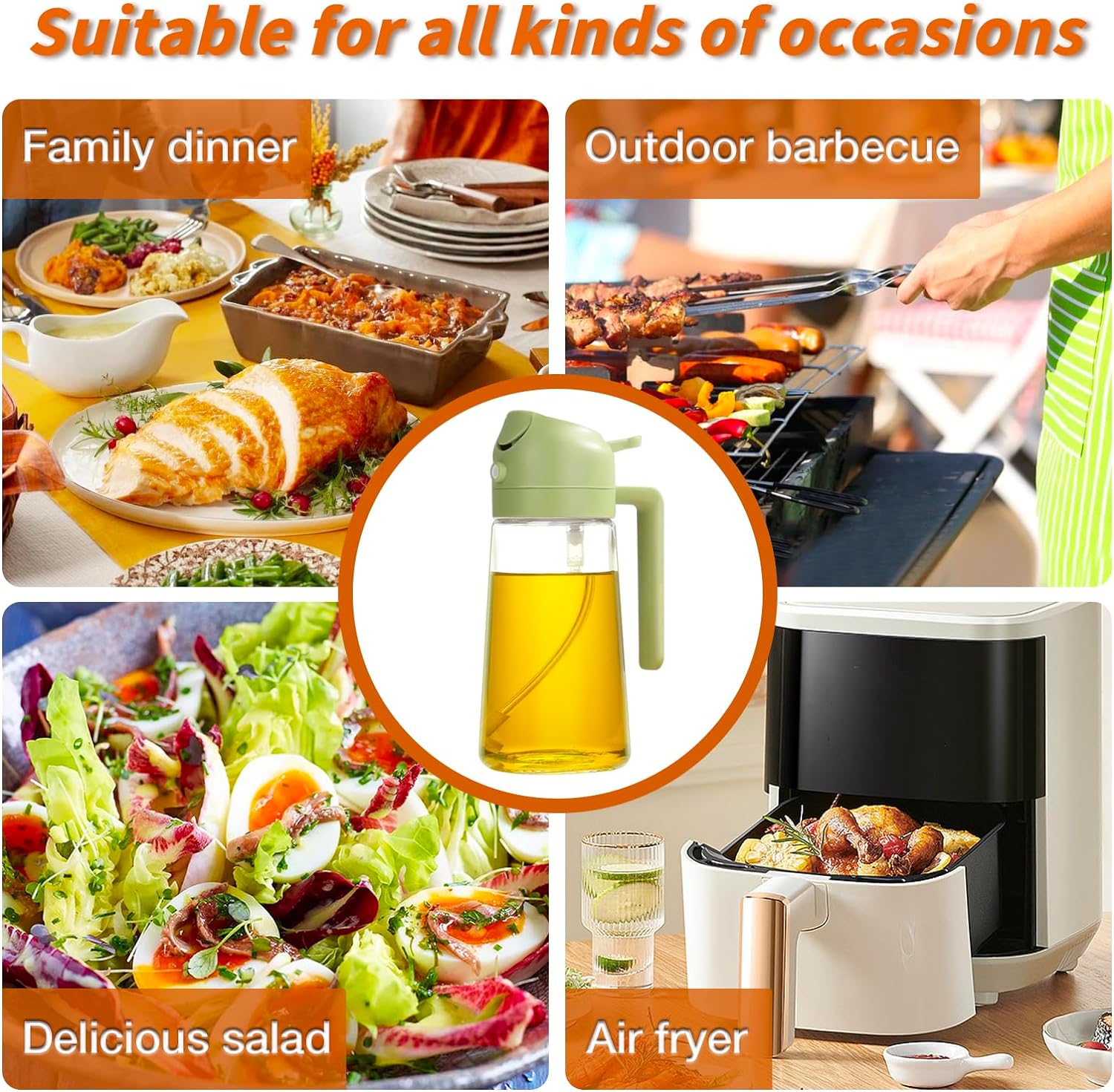 Olive Oil Dispenser Bottle for Kitchen，2 in 1 Oil Sprayer for Cooking, 16oz/450ml Glass Oil Spray Bottle with Pourer, Food-grade Oil Mister for Air Fryer, Salad, Frying, BBQ (Green)