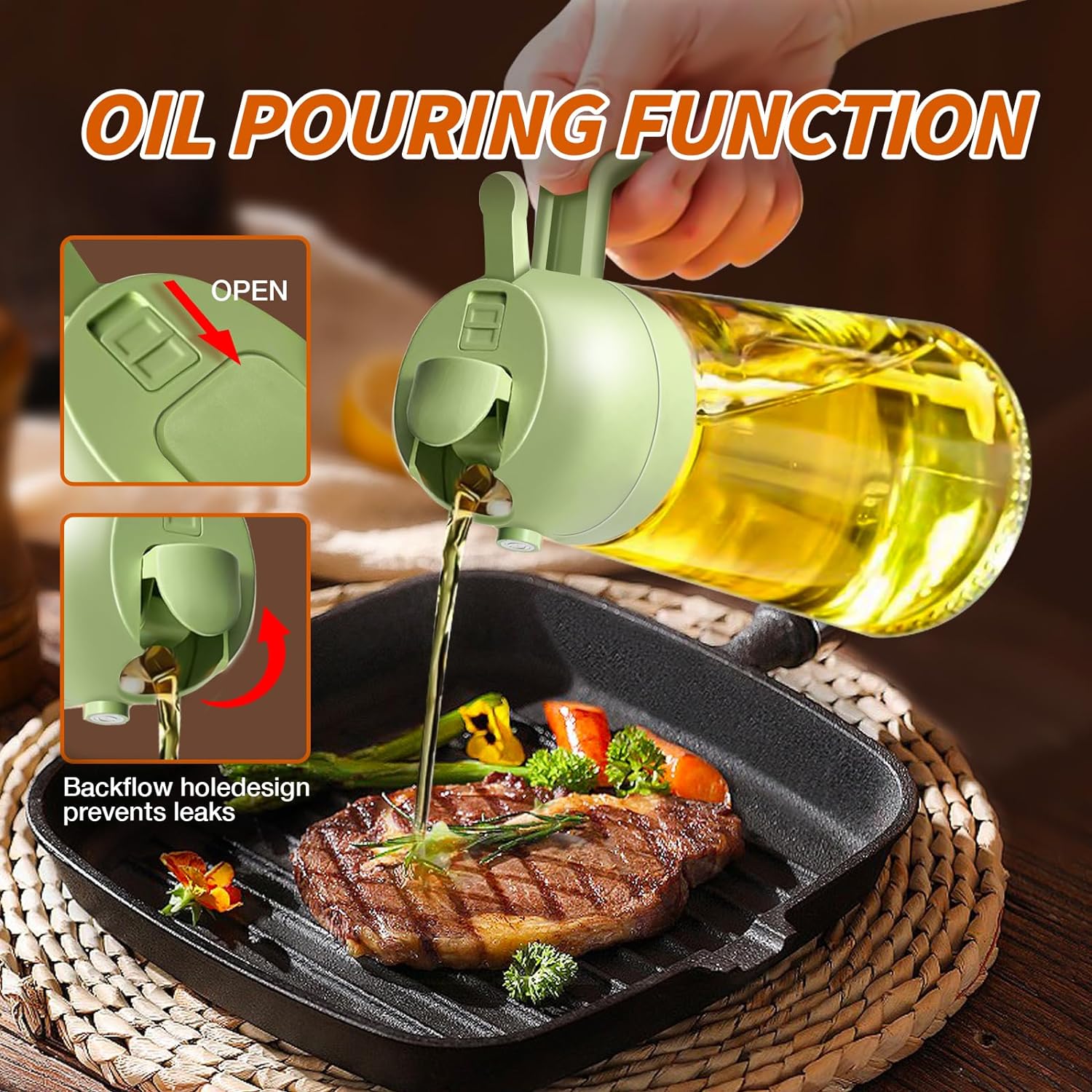 Olive Oil Dispenser Bottle for Kitchen，2 in 1 Oil Sprayer for Cooking, 16oz/450ml Glass Oil Spray Bottle with Pourer, Food-grade Oil Mister for Air Fryer, Salad, Frying, BBQ (Green)