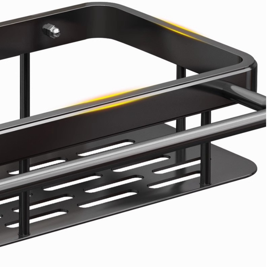 Bathroom Tempered Glass Shelf with Towel Bar,Wall Mounted Aluminum Shower Organizer,Over Toilet Storage Cabinet,Matte Black,Kitchen Rectangular Vanity Rack