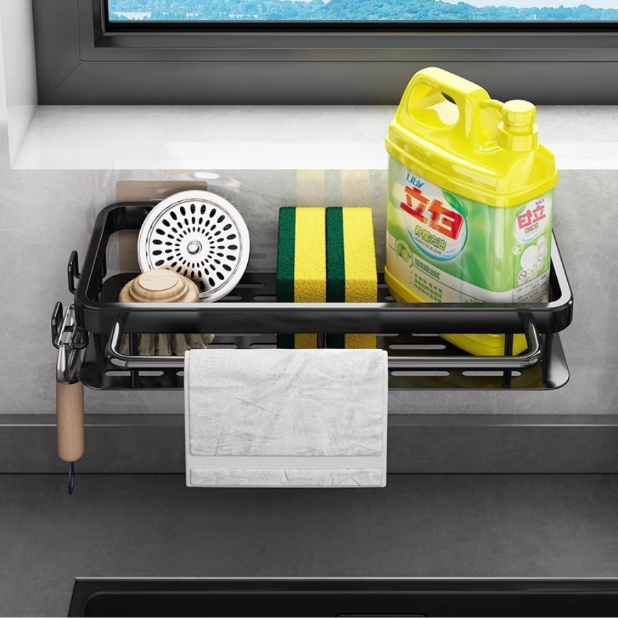 Bathroom Tempered Glass Shelf with Towel Bar,Wall Mounted Aluminum Shower Organizer,Over Toilet Storage Cabinet,Matte Black,Kitchen Rectangular Vanity Rack