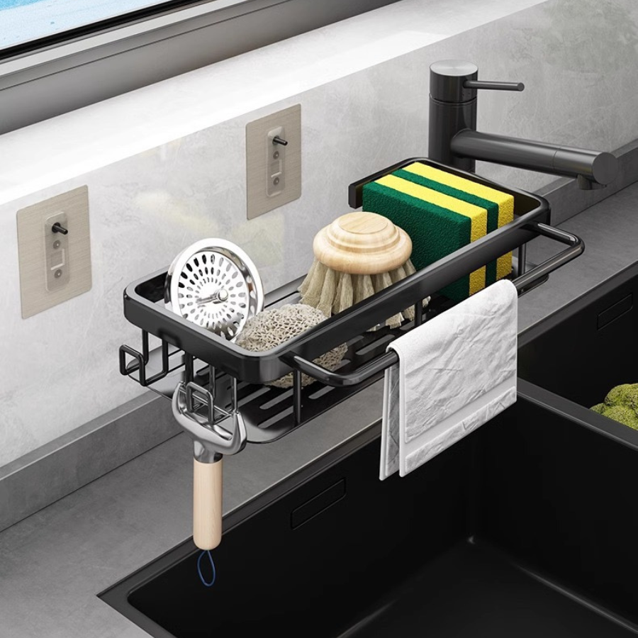 Bathroom Tempered Glass Shelf with Towel Bar,Wall Mounted Aluminum Shower Organizer,Over Toilet Storage Cabinet,Matte Black,Kitchen Rectangular Vanity Rack