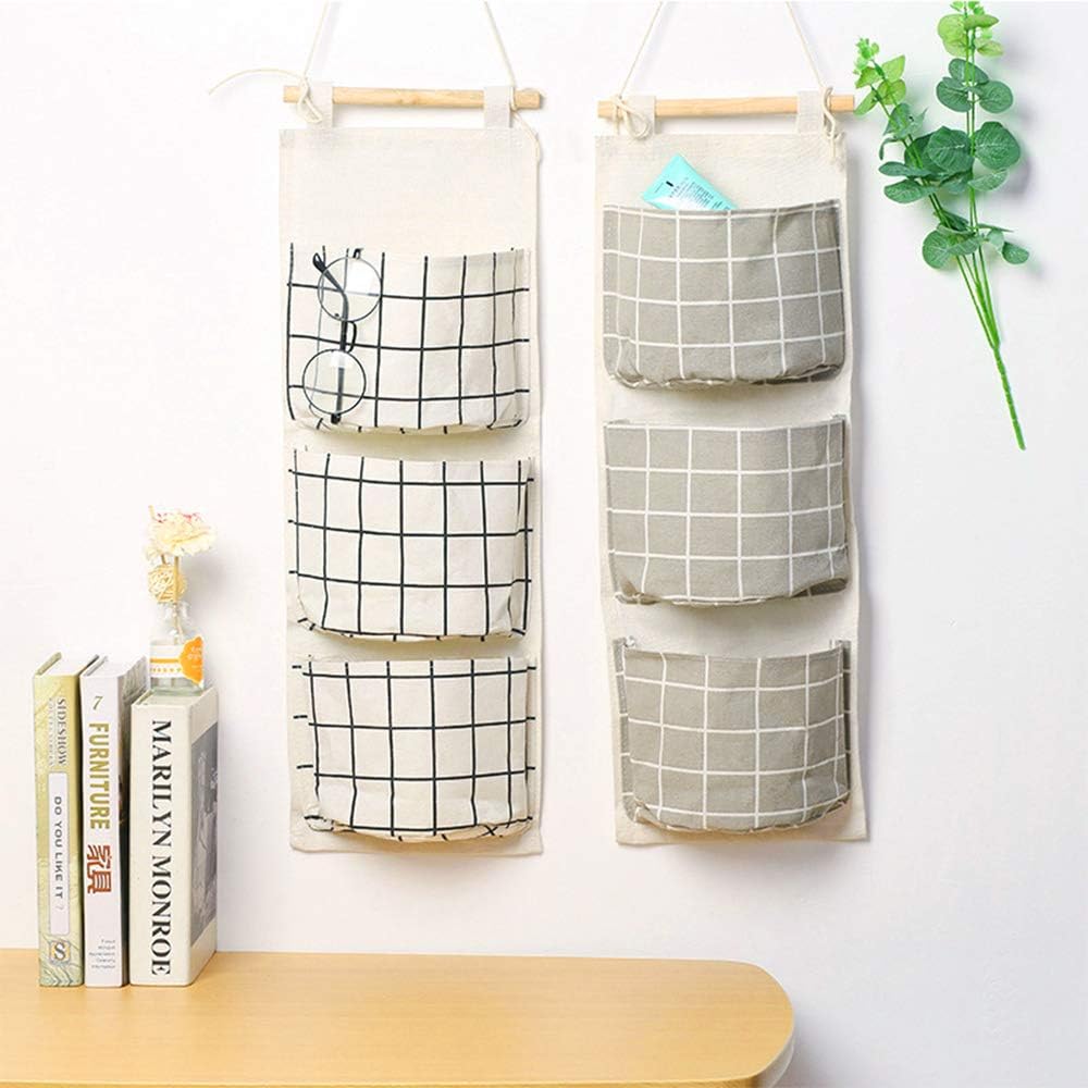 3 Pockets Wall Closet Hanging Storage Bag, Premium Linen Fabric Over The Door Organizer, Hanging Storage Pouches for Bedroom Bathroom - Stylish