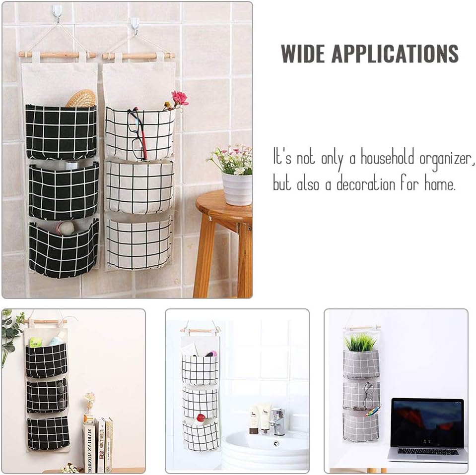 3 Pockets Wall Closet Hanging Storage Bag, Premium Linen Fabric Over The Door Organizer, Hanging Storage Pouches for Bedroom Bathroom - Stylish