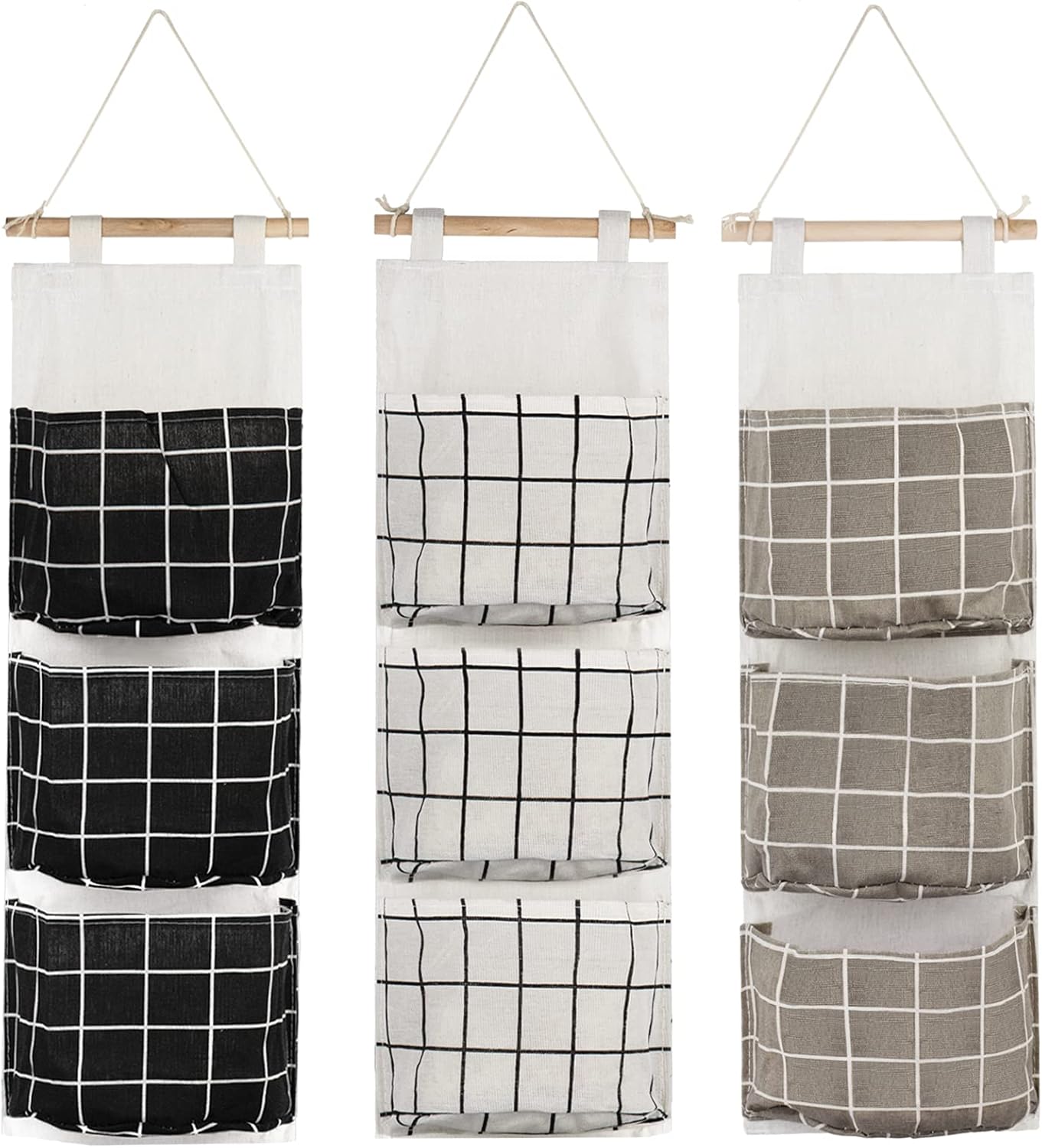 3 Pockets Wall Closet Hanging Storage Bag, Premium Linen Fabric Over The Door Organizer, Hanging Storage Pouches for Bedroom Bathroom - Stylish