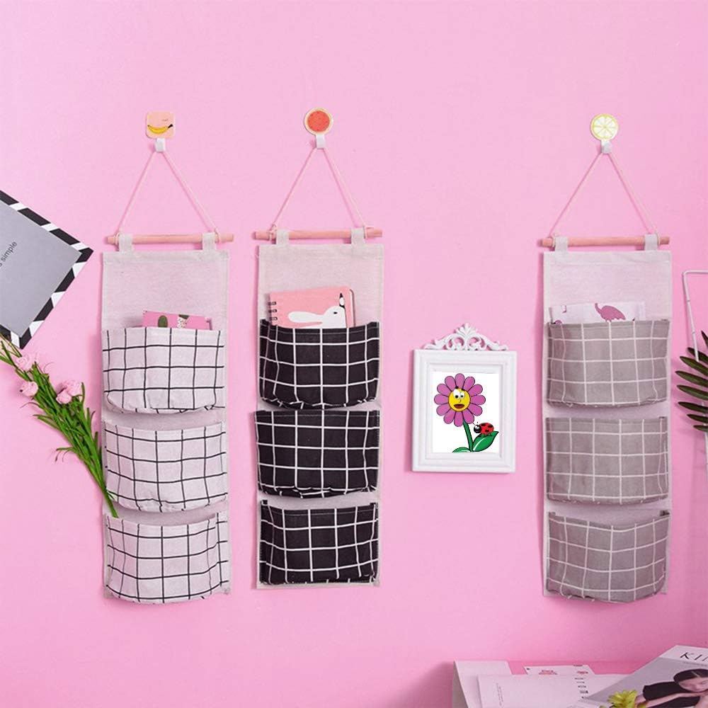 3 Pockets Wall Closet Hanging Storage Bag, Premium Linen Fabric Over The Door Organizer, Hanging Storage Pouches for Bedroom Bathroom - Stylish