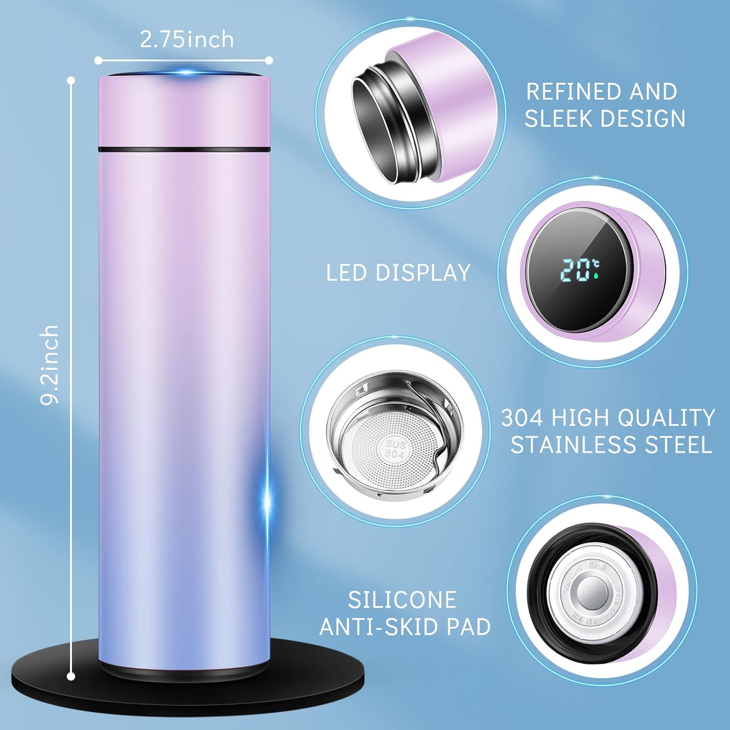 Smart Water Bottles with LED Temperature Display Tea Infuser Bottle Double Wall Insulated Water Flask Stainless Steel(Gradient Color)