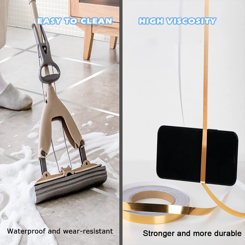 Floor Tiles Gold Foil Lines Metalized Mirror Tape, Self-Adhesive Tile Seam Sticker, Waterproof Gap Sealing Foil Decor Tape for Wall, Cabinet, Kitchen (0.5 CM x 50 M)