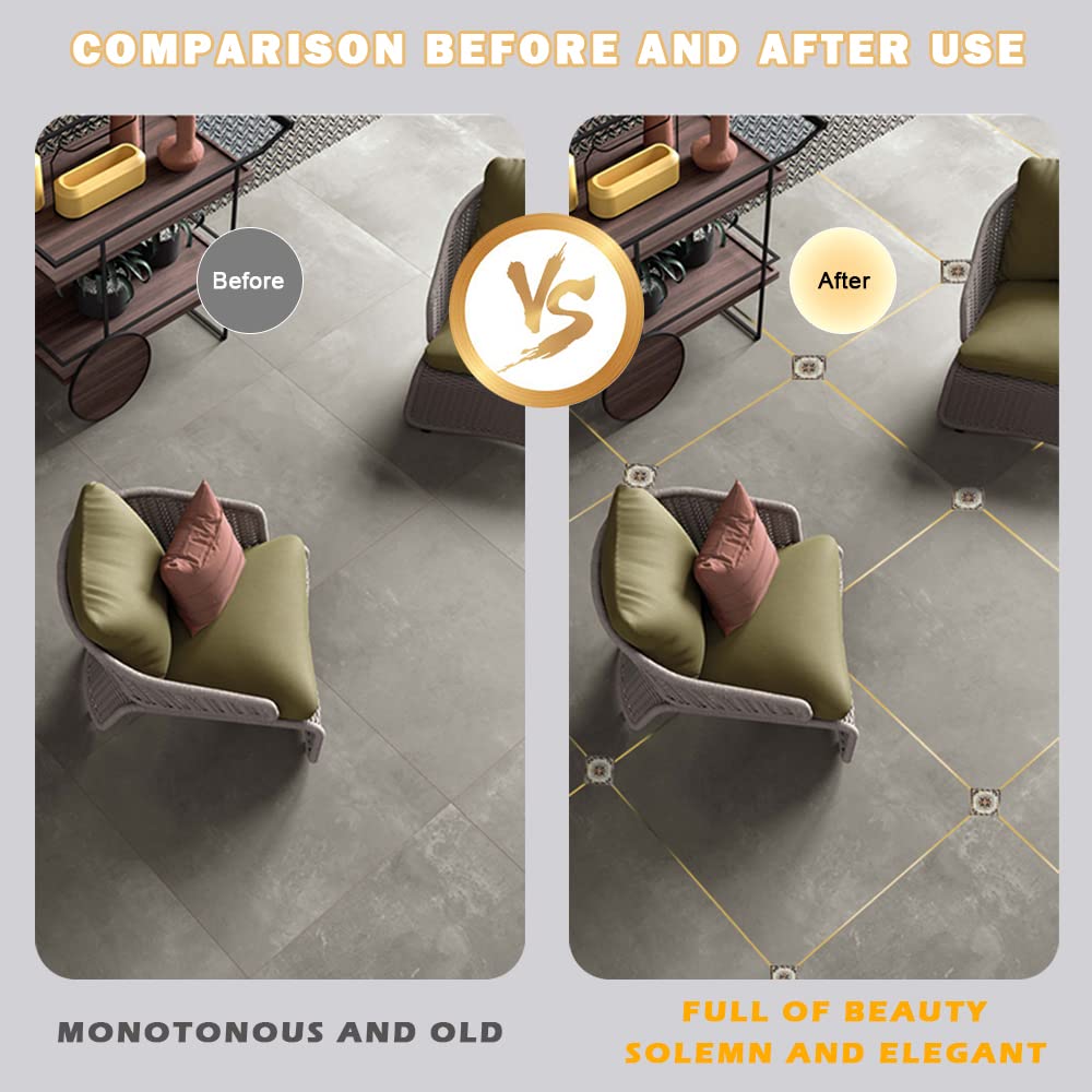 Floor Tiles Gold Foil Lines Metalized Mirror Tape, Self-Adhesive Tile Seam Sticker, Waterproof Gap Sealing Foil Decor Tape for Wall, Cabinet, Kitchen (0.5 CM x 50 M)