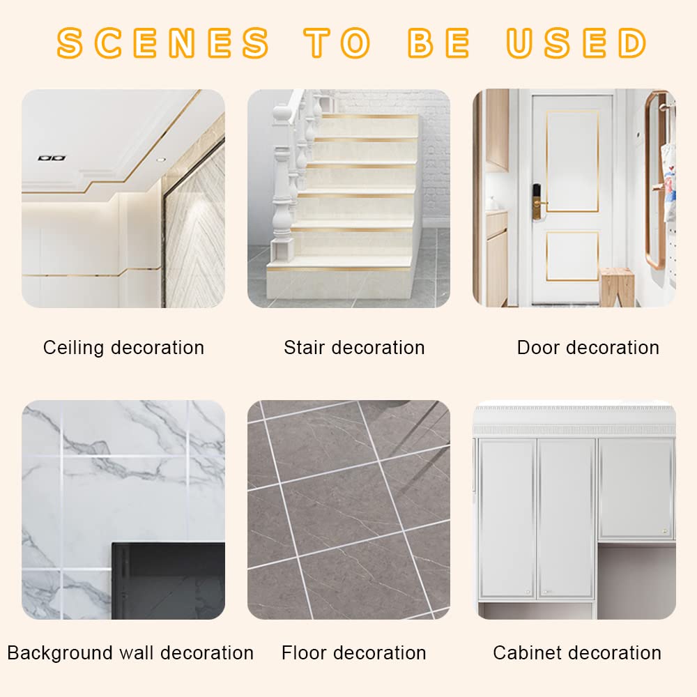 Floor Tiles Gold Foil Lines Metalized Mirror Tape, Self-Adhesive Tile Seam Sticker, Waterproof Gap Sealing Foil Decor Tape for Wall, Cabinet, Kitchen (0.5 CM x 50 M)