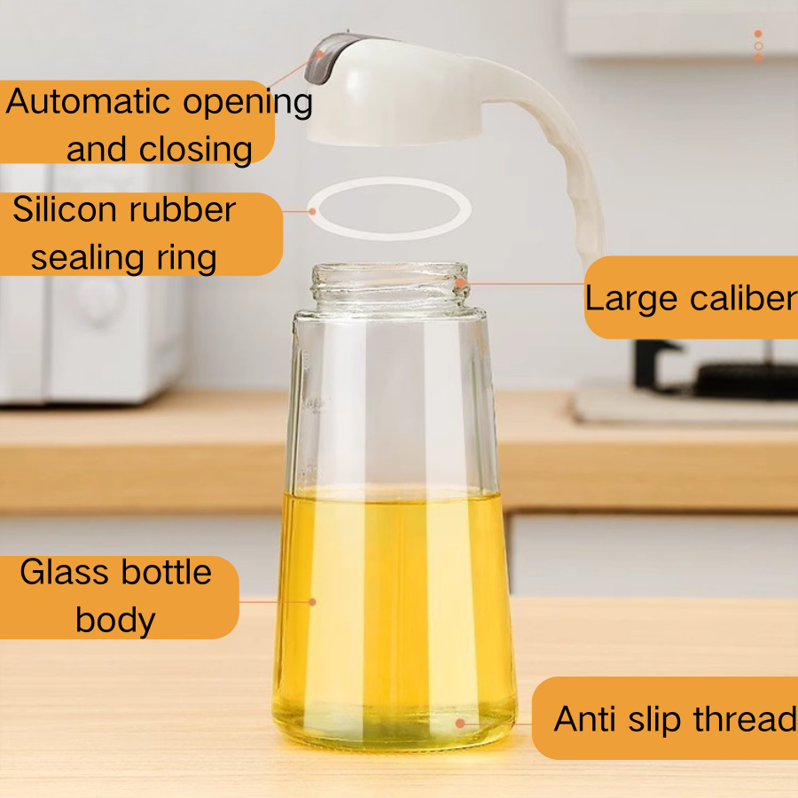 Auto Flip Olive Oil Dispenser Bottle,630 ml Leakproof Vinegar Glass Condiment Container With Automatic Cap and Stopper,Non-Drip Spout,Non-Slip Handle for Kitchen Cooking