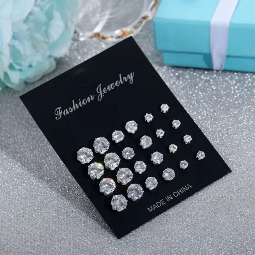 12 Pairs Stud Earrings Set，Clear Cubic Zirconia Earrings for Men Women