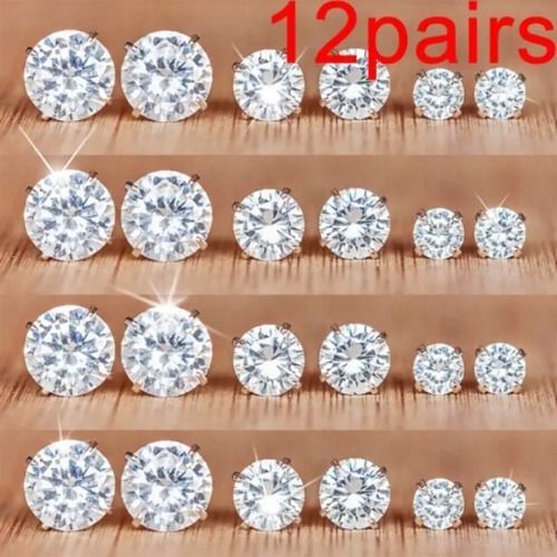 12 Pairs Stud Earrings Set，Clear Cubic Zirconia Earrings for Men Women