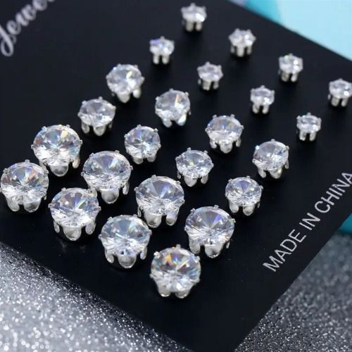 12 Pairs Stud Earrings Set，Clear Cubic Zirconia Earrings for Men Women