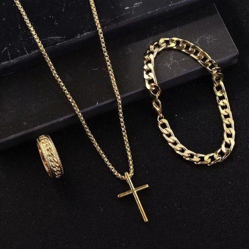 3/1 Pcs Cross Necklace Cuban Link Bracelet Ring for Men,  Hip-hop Fashion Accessories for Men, Necklace or Set