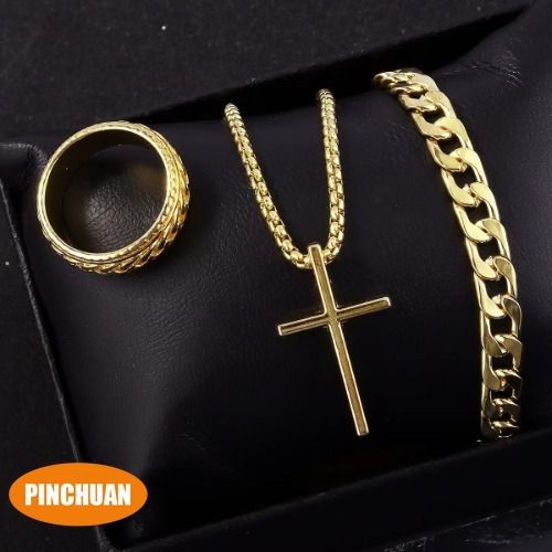 3/1 Pcs Cross Necklace Cuban Link Bracelet Ring for Men,  Hip-hop Fashion Accessories for Men, Necklace or Set
